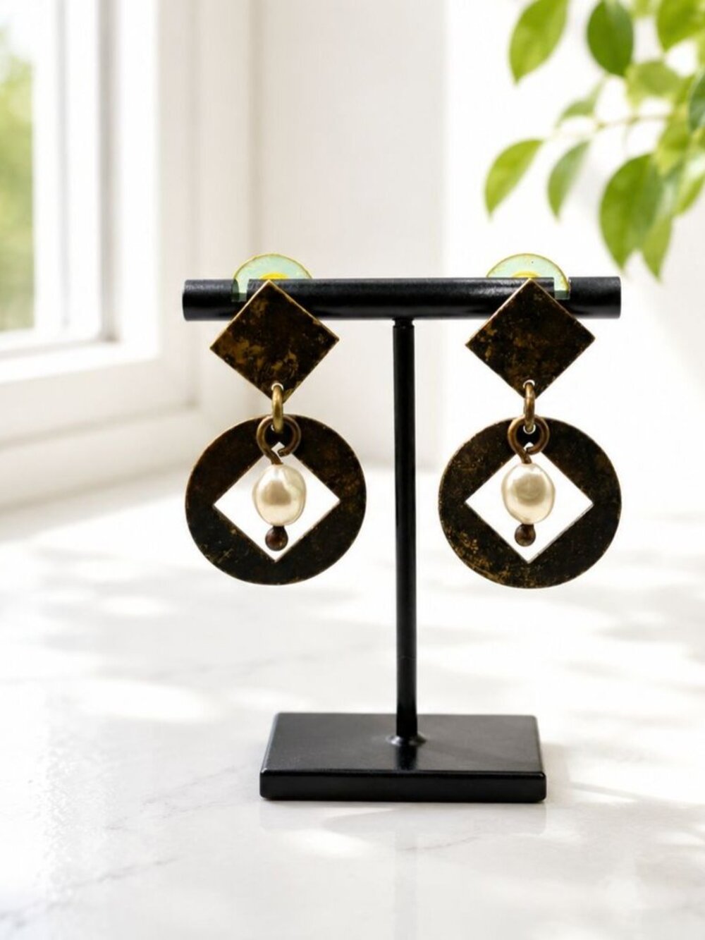 Vintage Geometric Drop Earrings With Faux Pearl Accent Brown & Gold Metal Retro